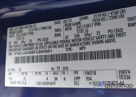 2015 Ford Escape Se z USA, uszkodzony, nr VIN 1FMCU0G99FUB50661